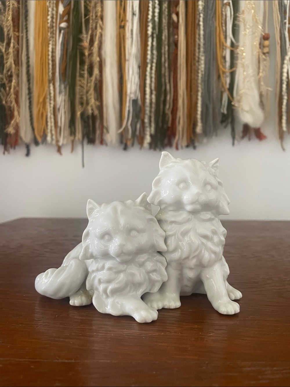 White Ceramic Pair of Sitting Cats Figurines